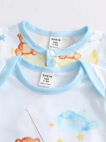 4pcs Baby Boy Pajamas Set With Moon & Bear Pattern - Footie, Hat, Gloves - Baby Blue - View 3