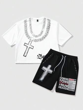 Goth Conjunto informal de camiseta de manga corta con estampado de cruz y pantalones cortos para hombre