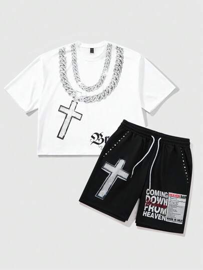 ROMWE MEN Street Life 男士十字印花短袖 T 恤和短裤休闲套装