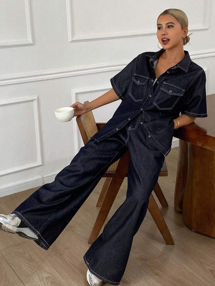 Conjunto de camisa vaquera y jeans anchos lavados para mujer, conjunto de ropa vaquera para chica