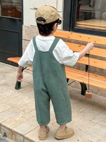 SHEIN Little Byeori 适合年轻男孩的休闲纯色舒适针织背带裤，提花纹理纽扣设计工装裤，适合通勤、上学、日常休闲、旅行、运动、春夏秋冬、母亲节/母子装 - 綠色 - 查看 2