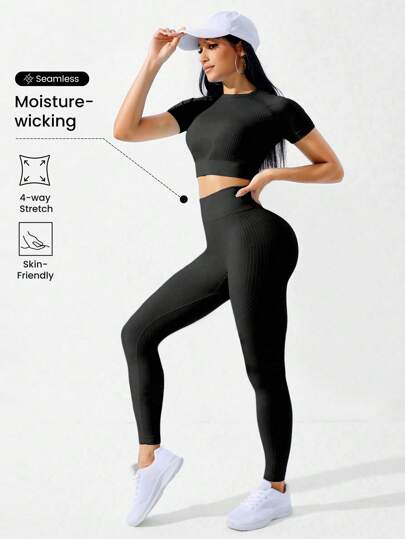 Gameset SHEIN Sport 两件套服装无缝插肩袖运动套装女士健身套装女士紧身裤套装健身房女士服装