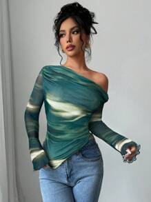 Firerie Camiseta de manga larga asimétrica de mujer elegante con estampado de teñido anudado