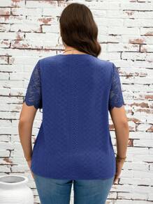 SHEIN Clasi Plus Size Casual Solid Color Lace Patchwork Short Sleeve T-Shirt - Blue - View 2