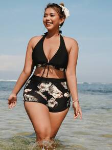 Swim Vcay Plus Size Women 2pcs/Set Random Leaf Neck Halter Split Vacation Casual Swimwear Set - Multicolor - View 5