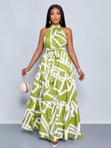 SOLERSUN 大码女士时尚休闲全印花吊带长款飘逸连衣裙配节日腰带（随机花朵）春夏连衣裙