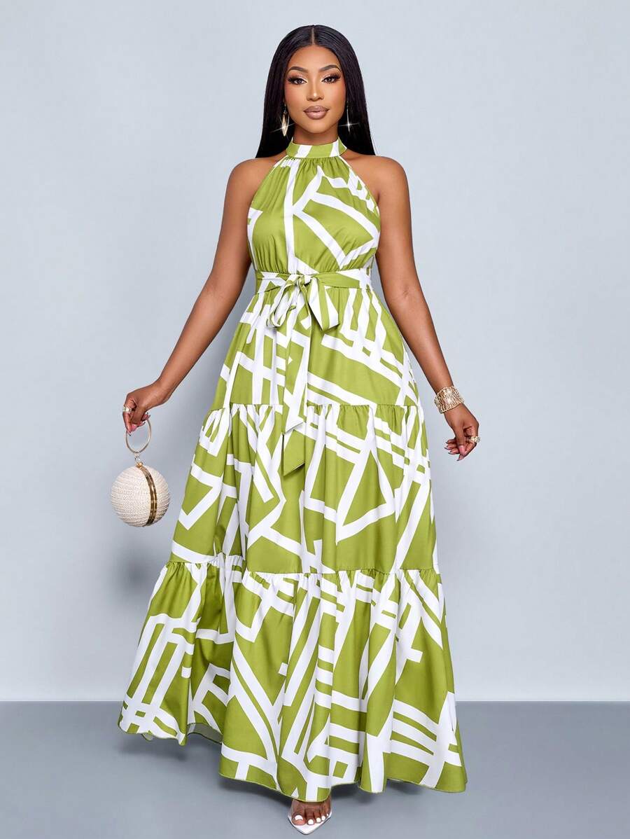 SOLERSUN 大码女士时尚休闲全印花吊带长款飘逸连衣裙配节日腰带（随机花朵）春夏连衣裙