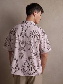 AKNOTIC Luźna, męska koszula z nadrukiem kwiatowym, tkana, casualowa, odpowiednia na co dzień, do pracy, na lato, na wakacje, na imprezę, wesele, dla par, jako prezent dla chłopaka, na plażę - Różowy - Zobacz 7