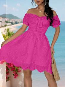 SHEIN VCAY Women's Vacation Casual Solid Color Hollow Out Embroidery Off-Shoulder Mini Dress - Hot Pink - View 6