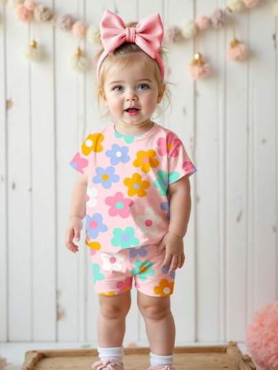 SHEIN Cute Flower Pattern, Baby Girl Casual Minimalist Round Neck Short Sleeve T-Shirt And Leggings Set, Suitable For Spring/Summer