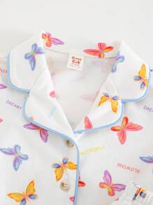 Cozy Pixies 2pcs Baby Girl Colorful Butterfly Pattern Lapel Collar Short Sleeve Top And Elastic Waist Pants Outfit - Multicolor - View 4