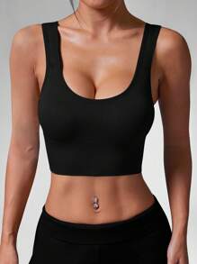 Easithlete Solid Ribbed Knit Sports Push Up Bra - Black - View 4