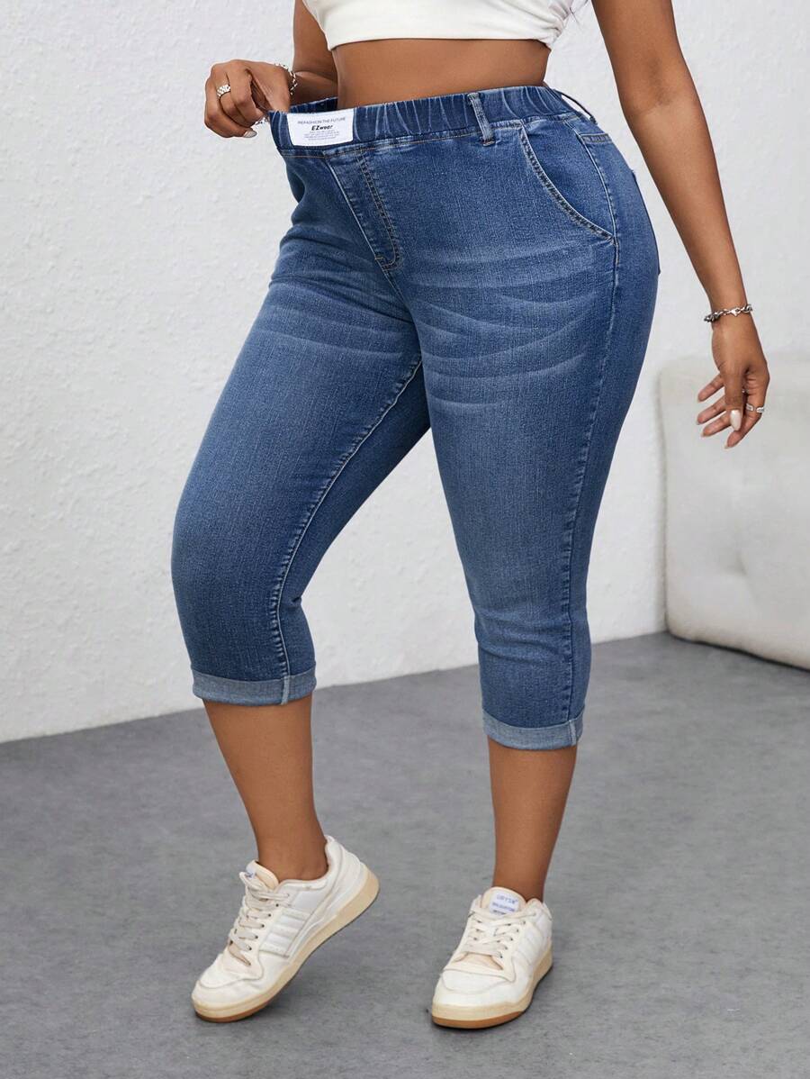 Slaydiva Plus Size Blue Denim 3/4 Casual Skinny Jeans, Suitable For Parties, Holidays, Dates, Valentine's Day, Afternoon Tea, Vacation, Music Festival, Bohemian, Summer For Women/Summer/Summer/Cute, Easter/Easter /Easter Women, Rave/Concert Women/Country Concert/Rave/Rave Festival/Nashville/Ibiza, Elegant, Vacation Woman/Beach Vacation, Boho/Bohemia/Boho Women's;Cowgirl/Cowboy Jeans - Blue - View 1