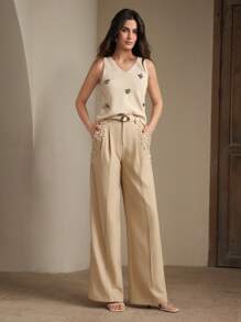 Anewsta Áo thun ba lỗ cổ chữ V đính đá ong trang trí thanh lịch, Xuân/Hè - Màu be - Xem 4