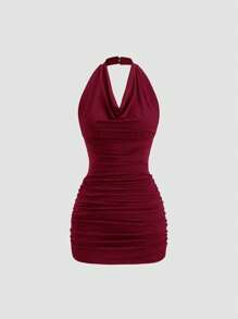 Sweetra Mini-rochie drapeată pe gât, fără spate, în talie, slim fit, bodycon, fără mâneci, sexy, neagră