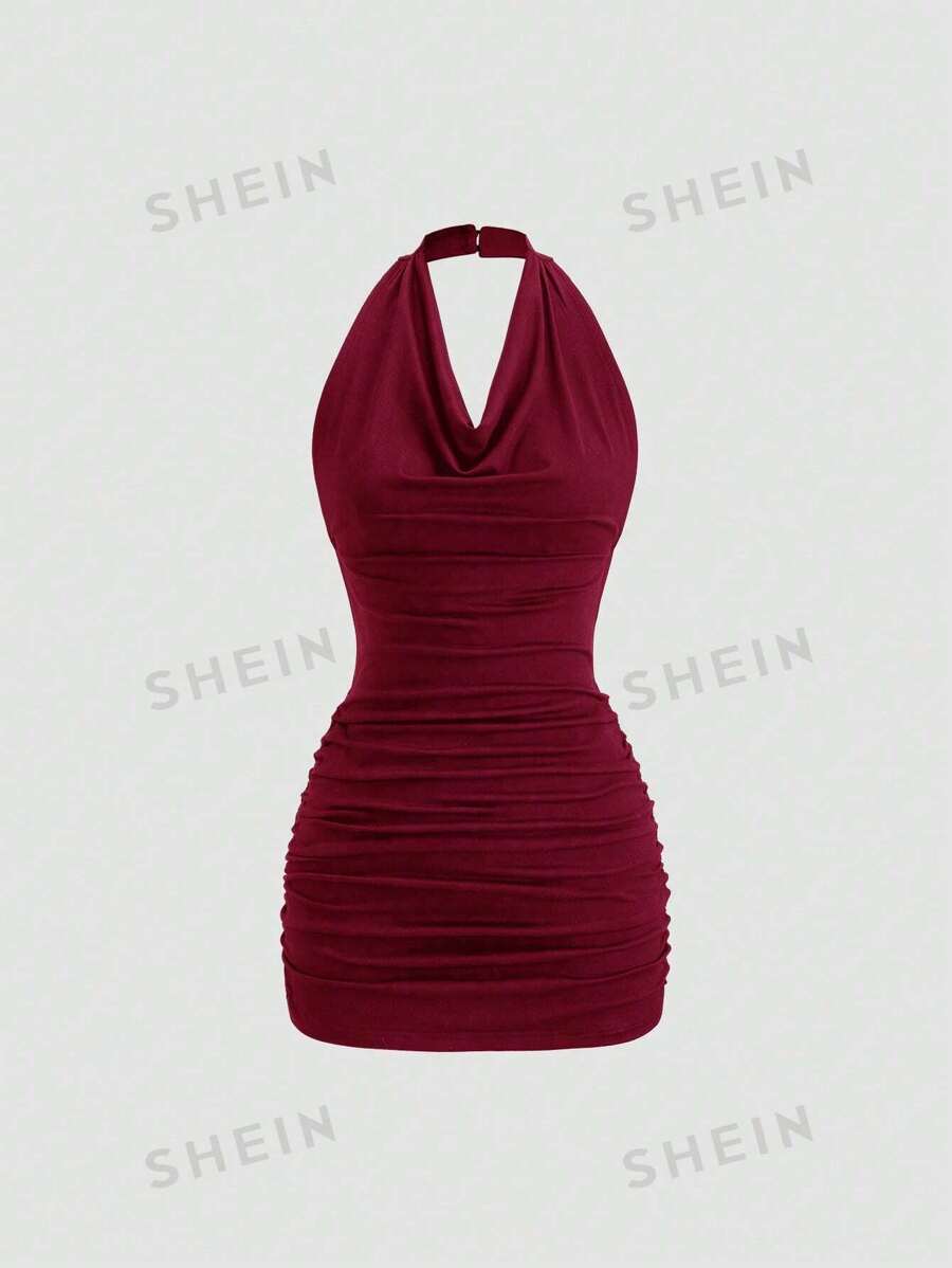 Sweetra Mini-rochie drapeată pe gât, fără spate, în talie, slim fit, bodycon, fără mâneci, sexy, neagră