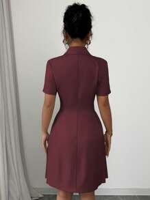 Elenzga Women's French Style Office Commute Dress, Elegant Lapel V-Neck Double-Breasted Waistline A-Line Ruffle Hem Short Sleeve Mini Dress, Spring/Summer - Burgundy - View 2