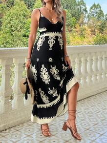 SHEIN Vacation Style Printed Maternity Dress With Spaghetti Straps - Black - View 4