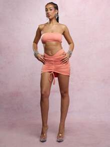 SUMWON WOMEN Ruched Drawstring Beach Skirt Mini Cover Up Swimsuit Bottom Ribbed Crinkle Jersey Summer Vacation Poolside Resort Wear Adjustable Length Sarong - Orange - View 7