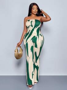 SOLERSUN Áo ống in họa tiết bất đối xứng & quần ống loe cho nữ (Kiểu ngẫu nhiên) - màu xanh lá - Xem 3