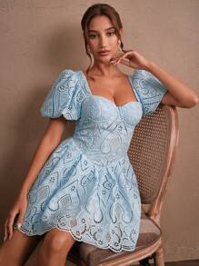 Savoree Vestido de verano romántico y elegante para mujeres con mangas abullonadas, diseño de tórax calado en forma de corazón, detalle de cintura anudada, bajo con volantes, atuendo ideal para festivales, salidas y vacaciones