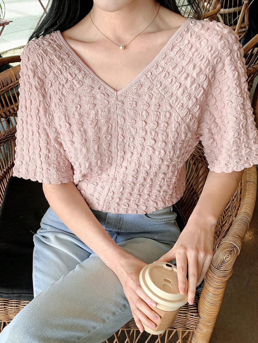 DAZY Women's Summer Bell Sleeve Pleated Texture Round Neck Short Sleeve T-Shirt - Pink - View 1