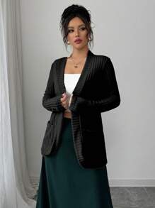 SHEIN PETITE Women's Casual Ribbed Brushed Open Front Side Pocket Lightweight Jacket Fall Cloth For Women - Black - View 4