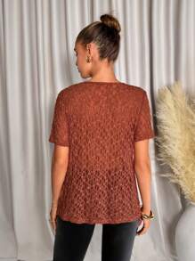 SHEIN Clasi Brown Lace Scoop Neck Loose Women T-Shirt Summer For Women Summer Tops Women Sexy For Women Summer Tops Country Concert