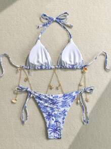 Soleia Bikini dây hở lưng in họa tiết vỏ sò kim loại màu xanh và trắng cổ chữ V dành cho nữ đi biển - Xanh và trắng - Xem 2