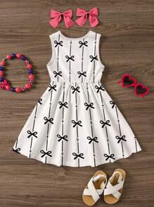 SHEIN 可爱条纹蝴蝶结印花，年轻女孩休闲简约无袖中长连衣裙，适合夏季 - 彩色 - 查看 3