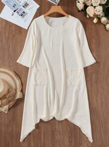 SHEIN LUNE Women's Fashionable Asymmetrical Hem Pocketed Dress With Large Round Neck For Summer - Apricot - View 1