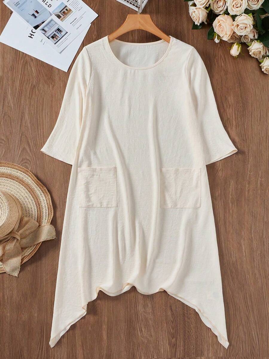 SHEIN LUNE Women's Fashionable Asymmetrical Hem Pocketed Dress With Large Round Neck For Summer - Apricot - View 1