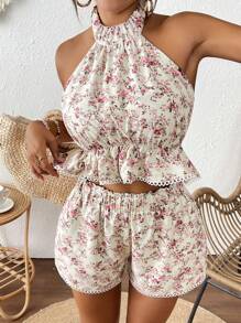 Breezaya 2pcs Women's Elegant French Style V-Neck Spaghetti Strap Regular Floral Print Summer Set - Multicolor - View 5