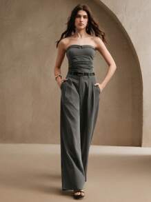 Anewsta 女士优雅现代设计聚拢露背上衣和高腰阔腿裤套装，夏季商务休闲时尚两件套 - 灰色 - 查看 7