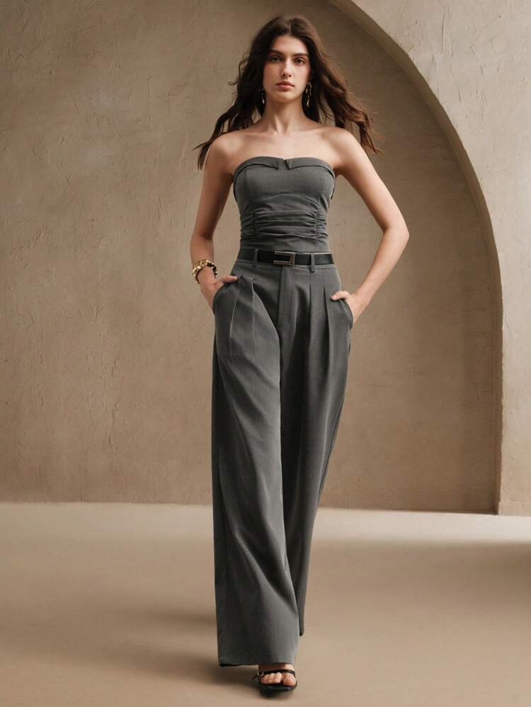 Women Elegant Modern Design Gathered Halter Top & High Waist Wide Leg Pants Suit, Summer Business Casual Chic Two Pieces Set
