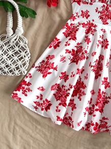 Soleia Damen Urlaubs Rot & Weiß Blume Muster rückenfrei Spaghettiträger A-Linie Mini Kleid, geeignet zum Layering im Herbst/Winter, Partywear - Rot - Übersicht 7