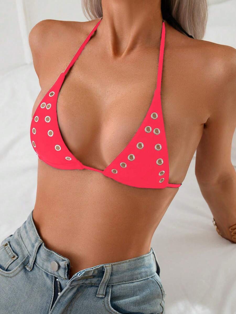 Beach For Women, Rivet Sexy Party Music Festival Daily Casual Vacation Beach Hollow Out Swimwear Top, Versatile One Piece Halter Bikini For Summer - Pink - View 1