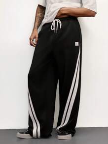 Manfinity VCAY Unisex Casual Knitted Drawstring Wide Leg Straight Sweatpants, Suitable For Daily Wear - Black - View 7
