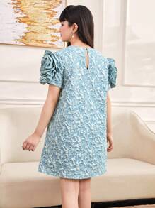 SHEIN Vestido de princesa de manga corta para niñas preadolescentes con impresión floral 3D de unicolor - verde menta - Ver 2