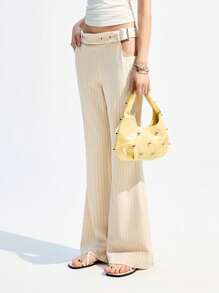 LYSMO Quần sọc nữ có nút kim loại và eo khoét - trắng - Xem 5