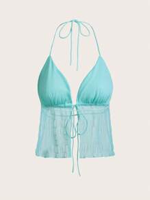 SHEIN ICON Split Hem Tie Backless Mesh Halter Y2k Top,Rave Top,See Through Top - Teal Blue - View 2