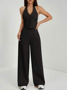 SHEIN PETITE Spring/Summer Office Lady V-Neck Sleeveless Top With Open Back & Wide Leg Pants, Slimming And Lengthening Outfit For Streetwear