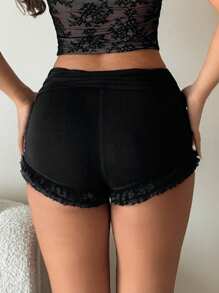 SHEIN ICON Y2K sexy taillenkurze Shorts mit tiefer Taille, Raffungen, Rüschen und Spitzeneinsätzen, schwarz