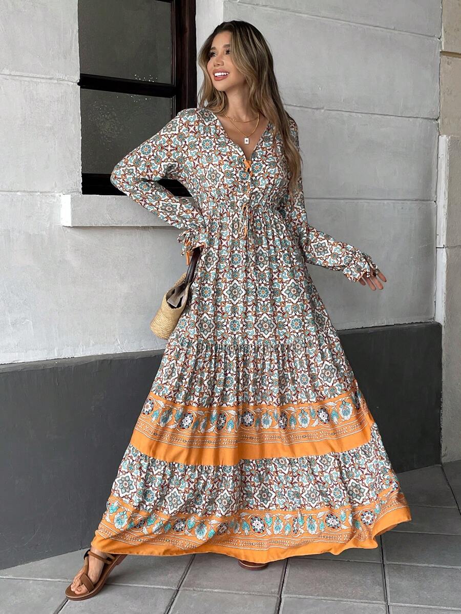 Breezaya Đầm Maxi Tay Ngắn In Hình Chắp Vá Thường Ngày Cho Nữ - màu xanh lá - Xem 1