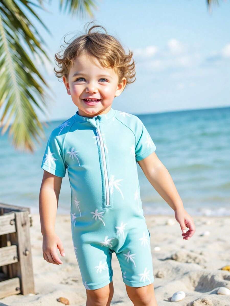 SHEIN Bañador de una pieza con estampado de tortuga marina para bebés y niños pequeños, para verano, playa, piscina, ropa de baño para bebé/niño pequeño - Neblina azul - Ver 1