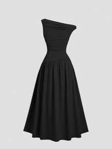 Sweetra Women's Blue Elegant Commuter Fitted Long Dress With Neckline Pleats, Sleeveless, Suitable For Summer And Spring - Black - View 2