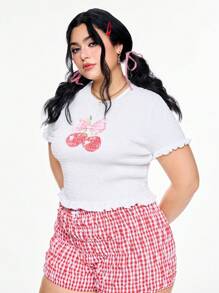 ROMWE Kawaii 大码夏季休闲樱桃印花短袖 T 恤 - 米色 - 查看 7