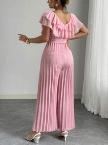 SHEIN Unity 大码女式荷叶边 V 领连体衣，浪漫优雅的褶皱撞色连体衣 - 粉色 - 查看 1