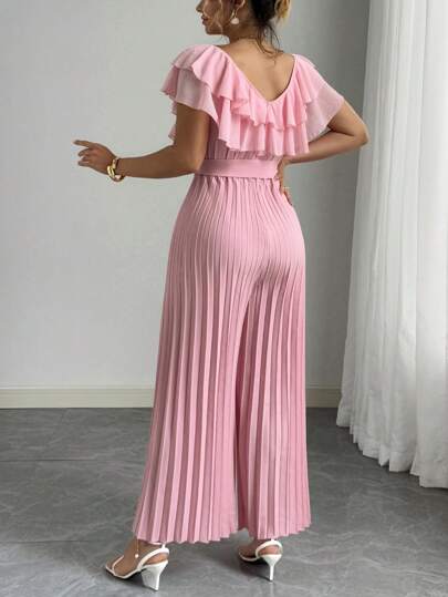 SHEIN Unity 大码女式荷叶边 V 领连体衣，浪漫优雅的褶皱撞色连体衣