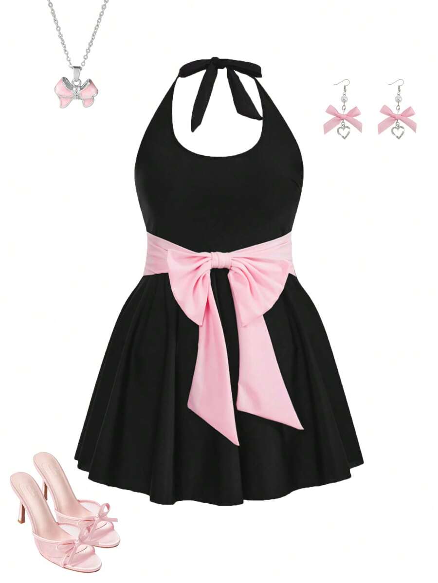 Swim Mod 大码女式可爱露背泳衣，粉色蝴蝶结，适合夏季海滩度假 - 黑色 - 查看 1